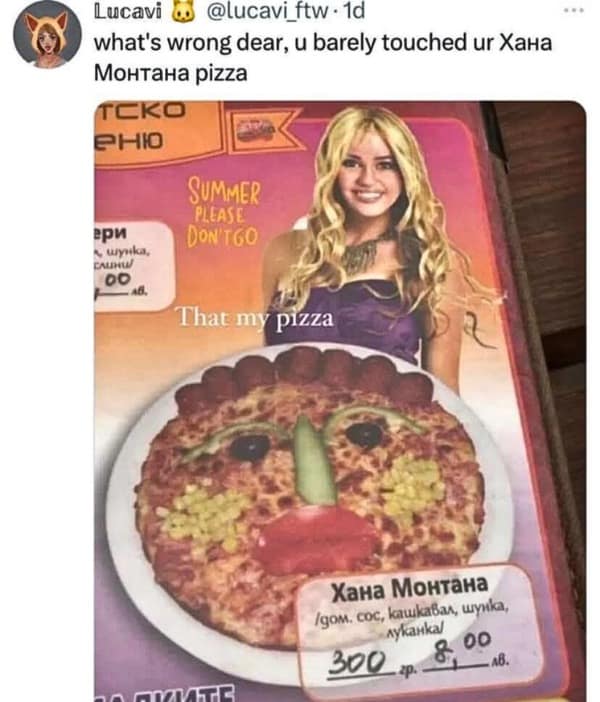 A menu features a pizza decorated with vegetables to resemble a face, labeled “Hannah Montana,” with a tweet caption above.