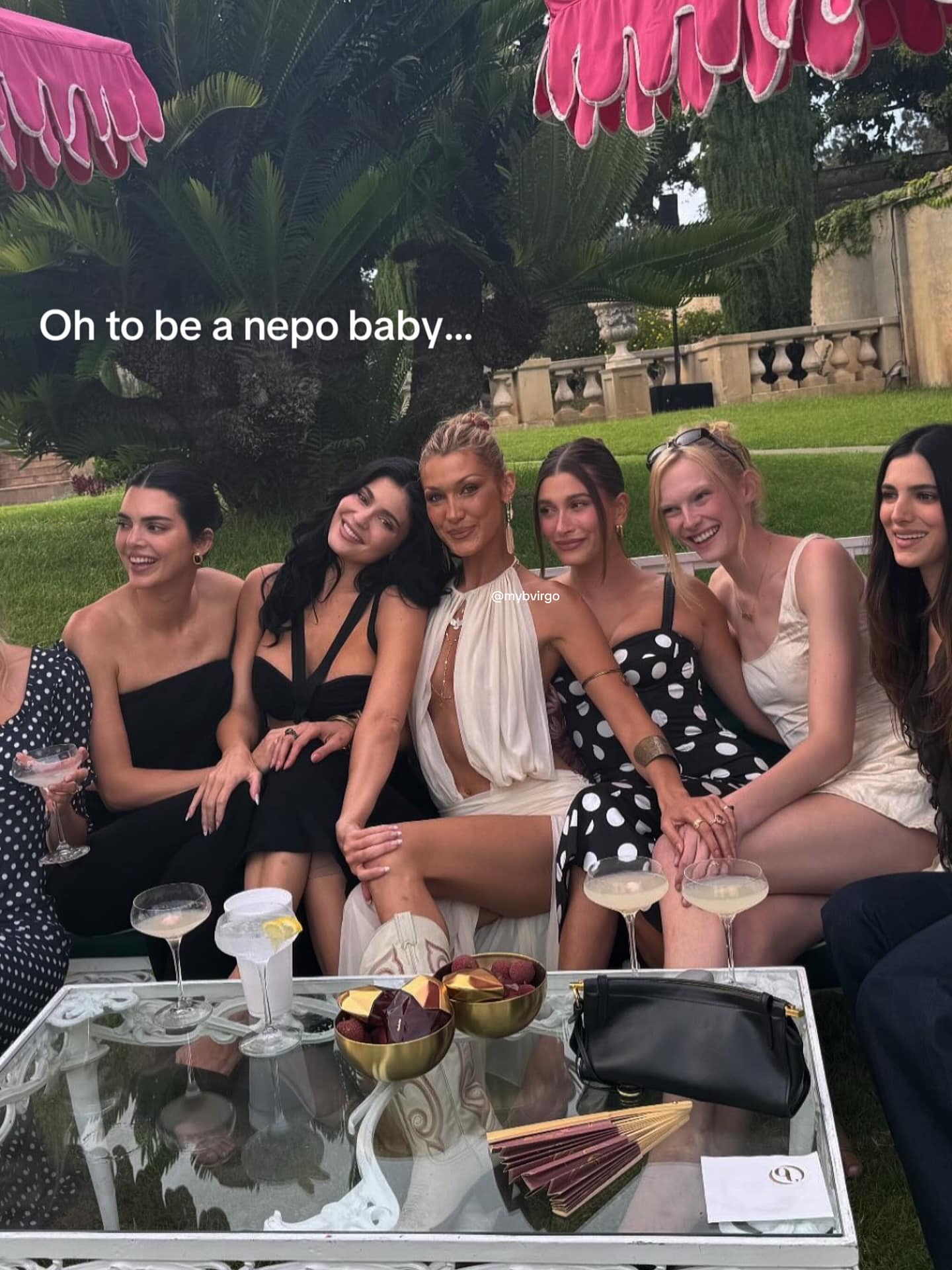 Glam party snapshot of models at an outdoor soirée with the caption “Oh to be a nepo baby,” included in a meme dump