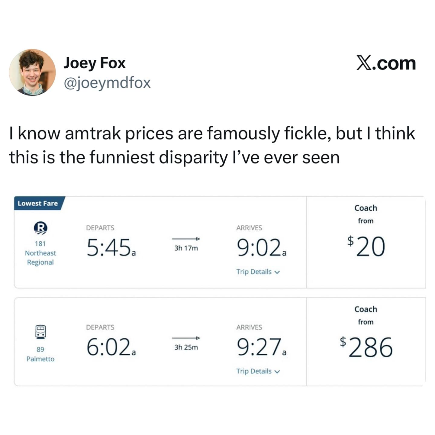 Screenshot comparing two train rides minutes apart with a massive fare gap, featured in a meme dump