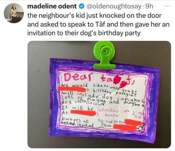 Child’s handwritten invitation to neighbor dog’s birthday party shared in tweet