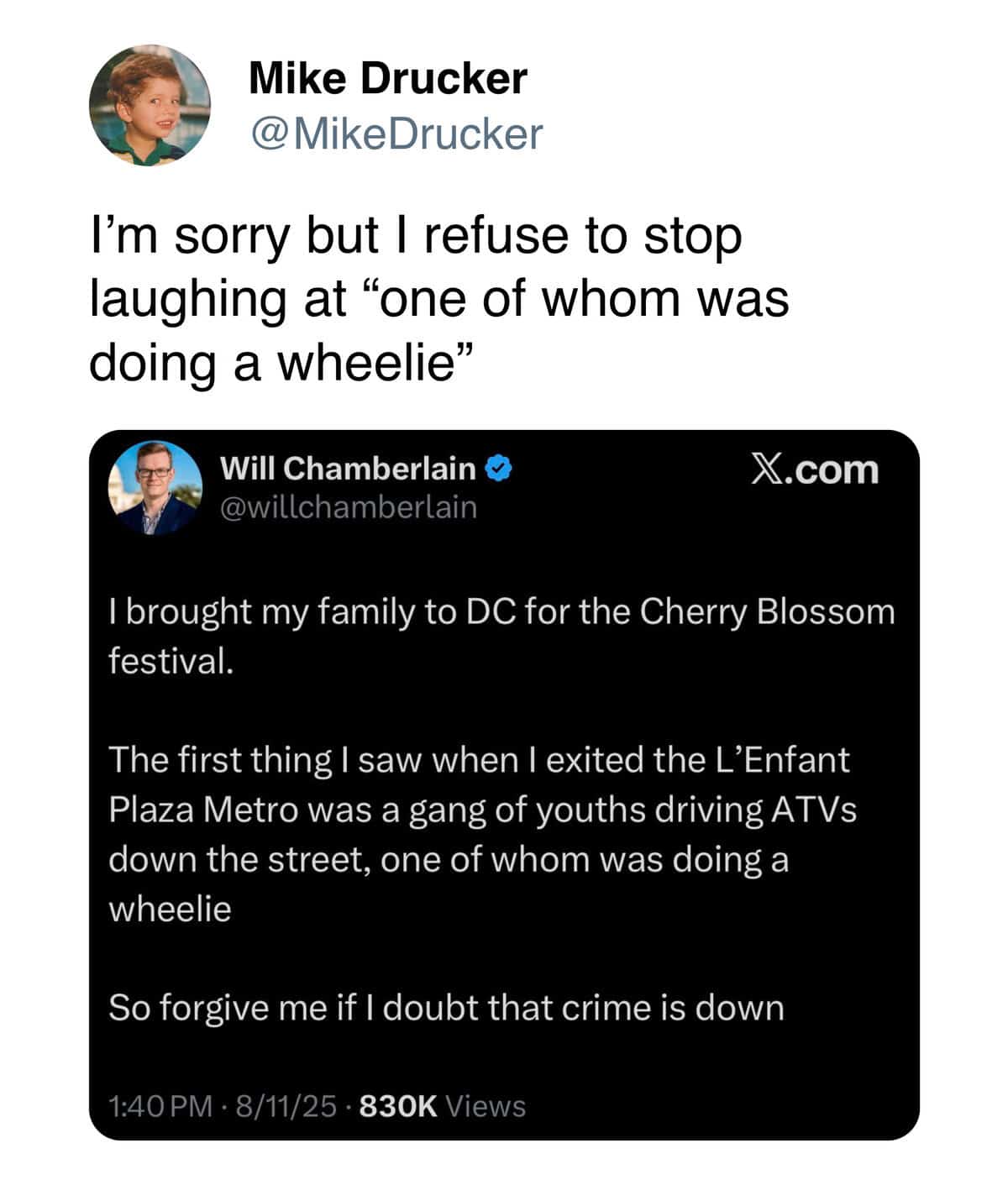 Mike Drucker laughing at the phrase “one of whom was doing a wheelie” in a tweet about DC.