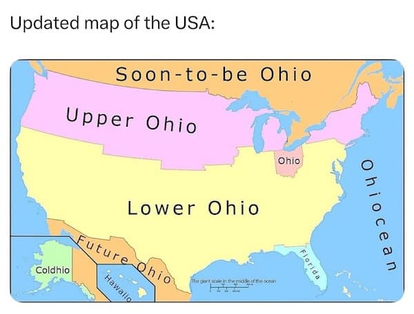 Parody map of the U.S. where most states are renamed as variations of “Ohio.”