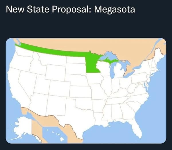 Map joke proposing a new mega state called “Megasota.”