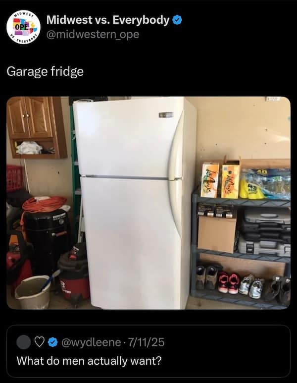 Tweet showing a plain garage refrigerator labeled “Garage fridge.”