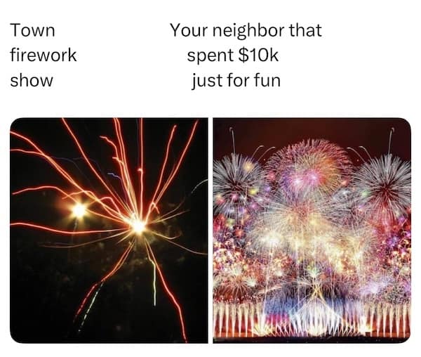 Side-by-side comparison of basic fireworks vs extravagant ones with the caption “Town firework show vs your neighbor who spent $10k.”