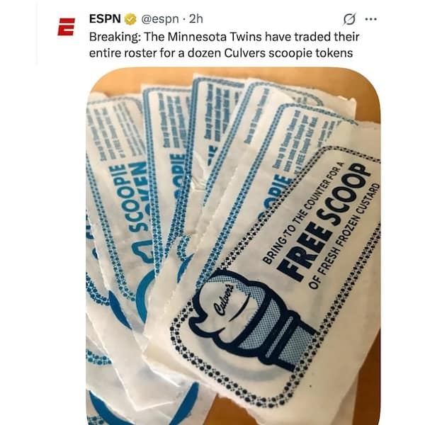 Fake ESPN tweet claiming the Minnesota Twins traded players for Culver’s Scoopie Tokens.