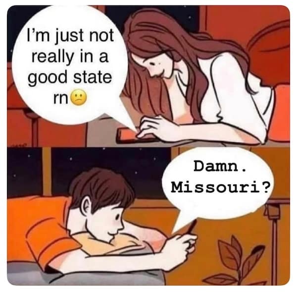 Cartoon couple texting. The girl says “I’m not in a good state rn,” the guy replies, “Damn. Missouri?”