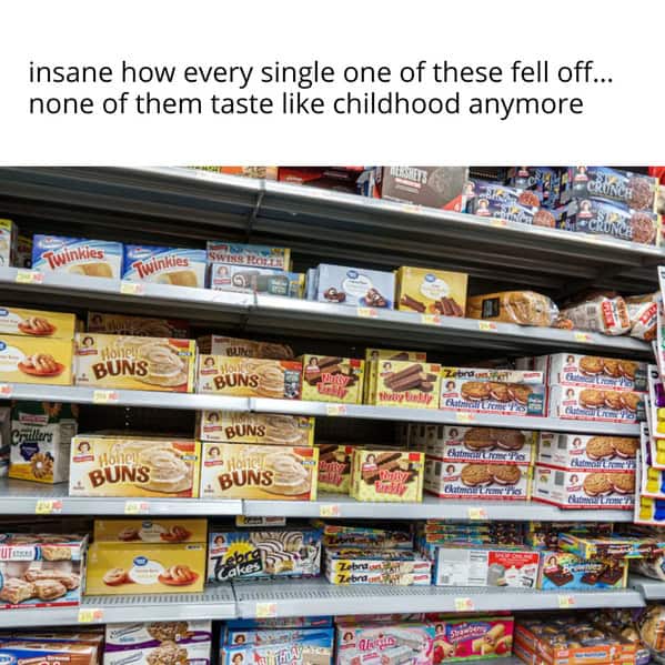 Grocery aisle packed with snack cakes; caption says they don’t taste like childhood anymore