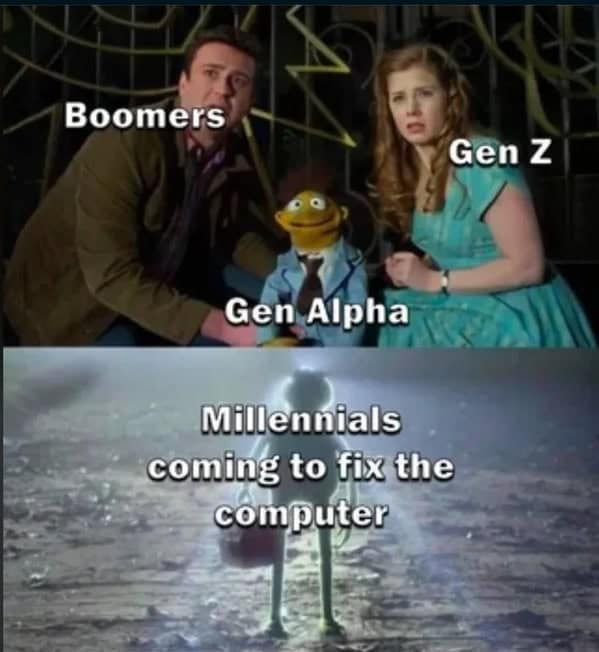 Generational labels with a glowing figure walking in to fix a computer while others watch.