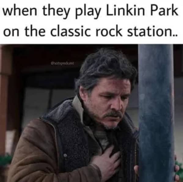 Pedro Pascal clutches his chest beside a pole; line about Linkin Park on classic rock.