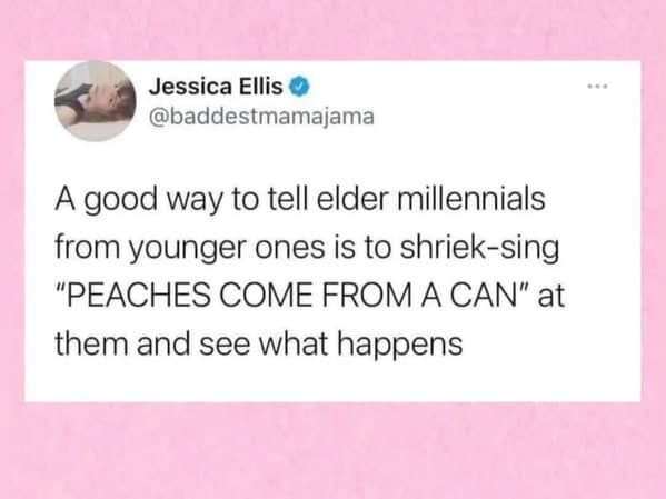 Tweet suggests yelling “PEACHES COME FROM A CAN” to identify elder millennials.