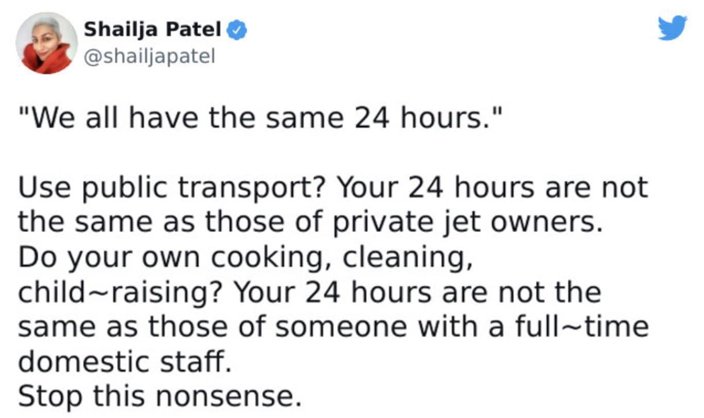 A tweet about millennial work life balance that debunks the "we all have the same 24 hours" myth.