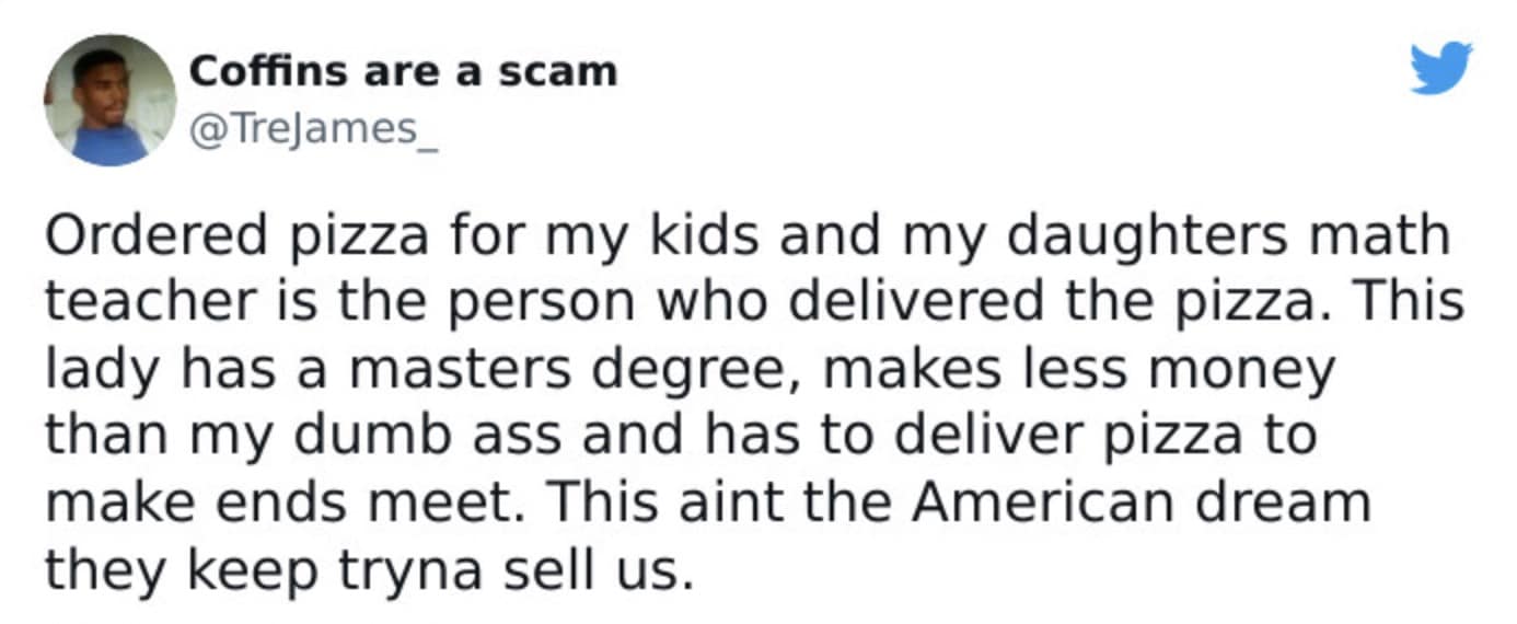 A tweet about the millennial work life balance struggle of underpaid essential workers like teachers.