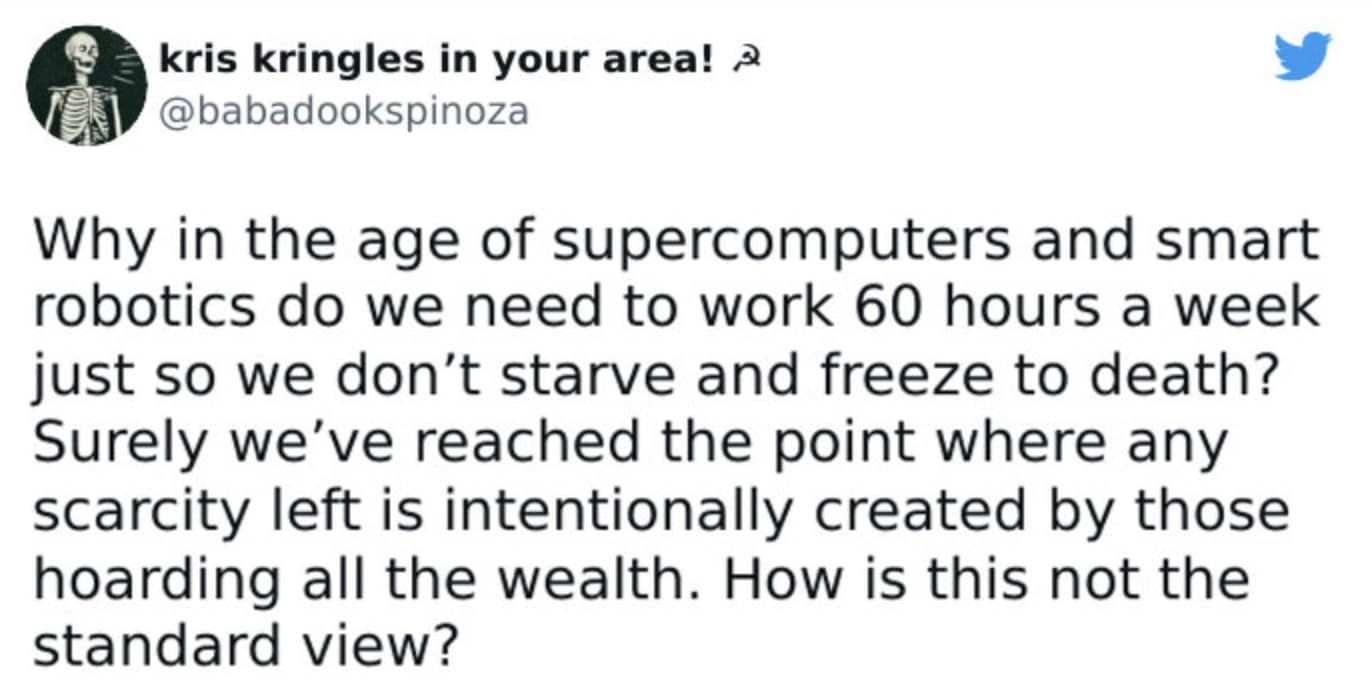 A tweet about millennial work life balance questioning the necessity of long work weeks.