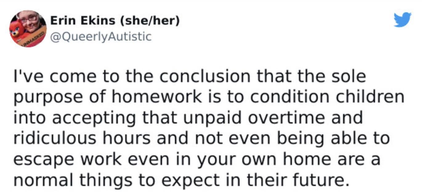A tweet about millennial work life balance suggesting homework is training for unpaid overtime.
