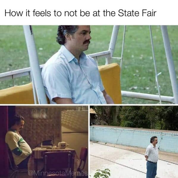 The sad Pablo Escobar meme format used to show how it feels to miss the Minnesota State Fair.