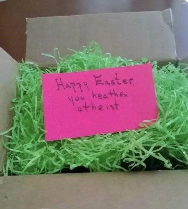 Easter package with note calling recipient a heathen atheist