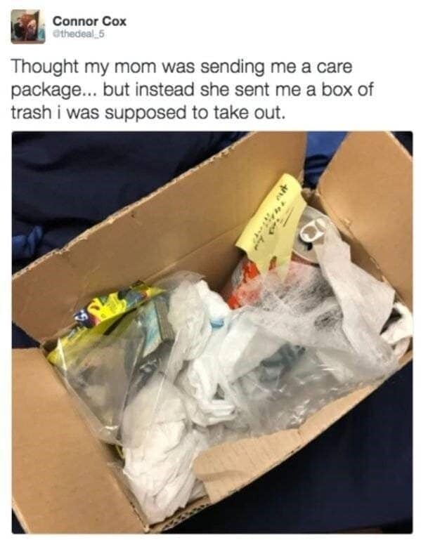 Box of trash sent as a care package prank from mom