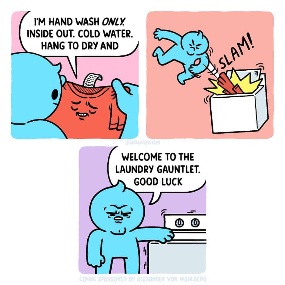 Laundry tag demands hand-wash only; character slams it into a washer—“Welcome to the laundry gauntlet”—Mr Lovenstein comics.