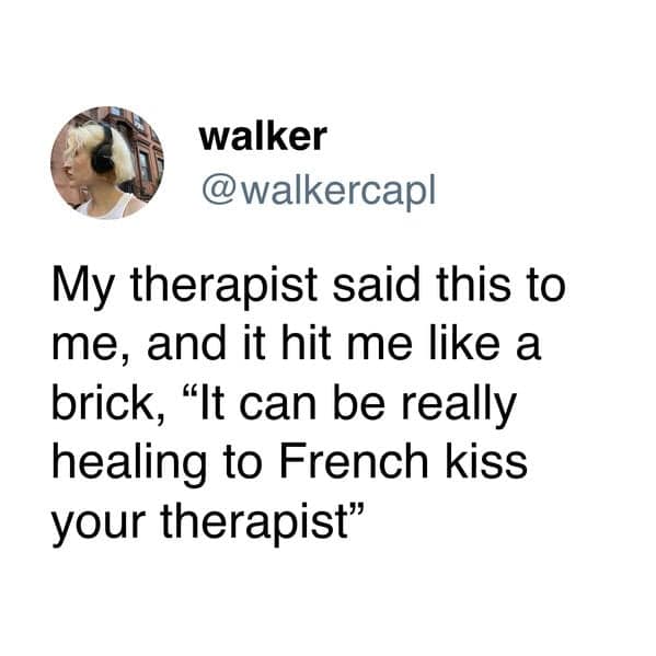 A funny "my therapist said" tweet where someone's happy place is found inside the refrigerator.