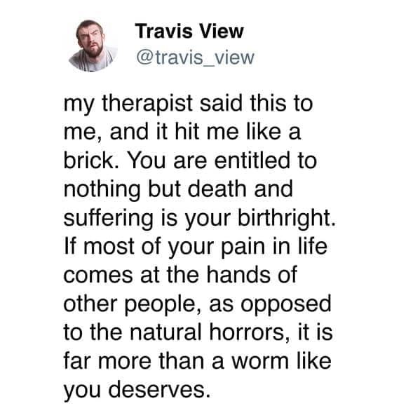 A funny "my therapist said" tweet about being diagnosed with "unmatched" pettiness and taking it as a compliment.