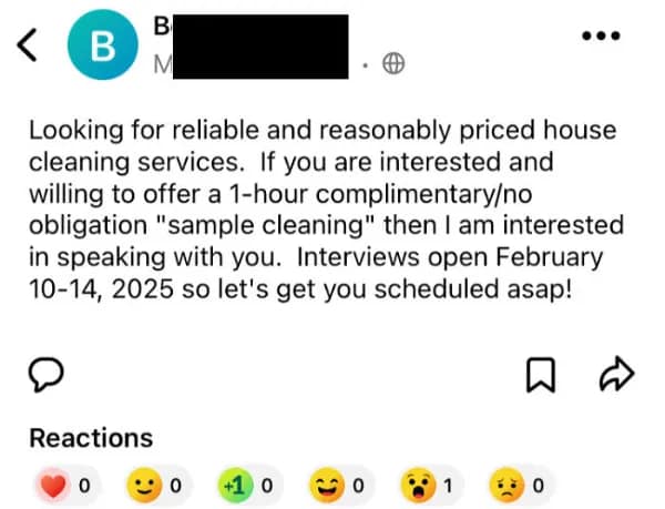 A neighbor app post from someone demanding a one-hour free "sample cleaning" from housekeepers.