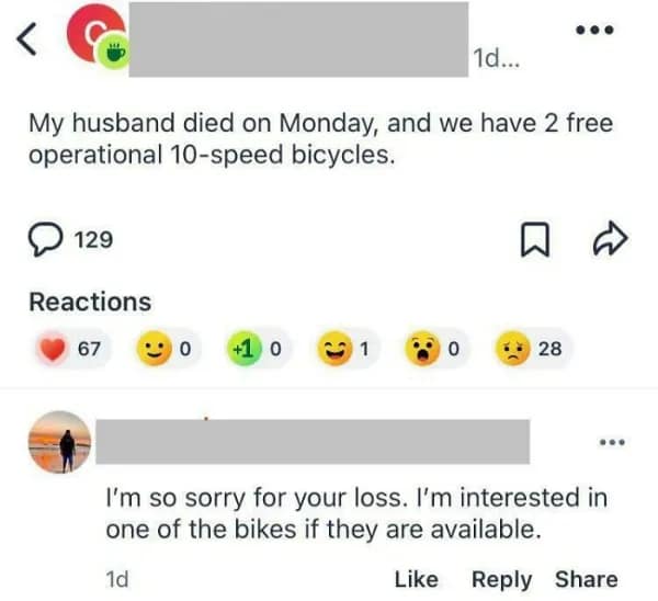 A dark neighbor app post where someone immediately claims a bike from a grieving widow.