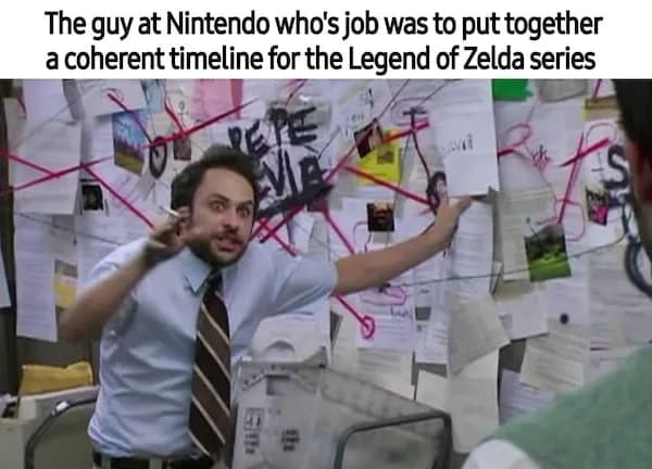 Charlie Day at conspiracy board (red string everywhere); caption about making a coherent Legend of Zelda timeline.