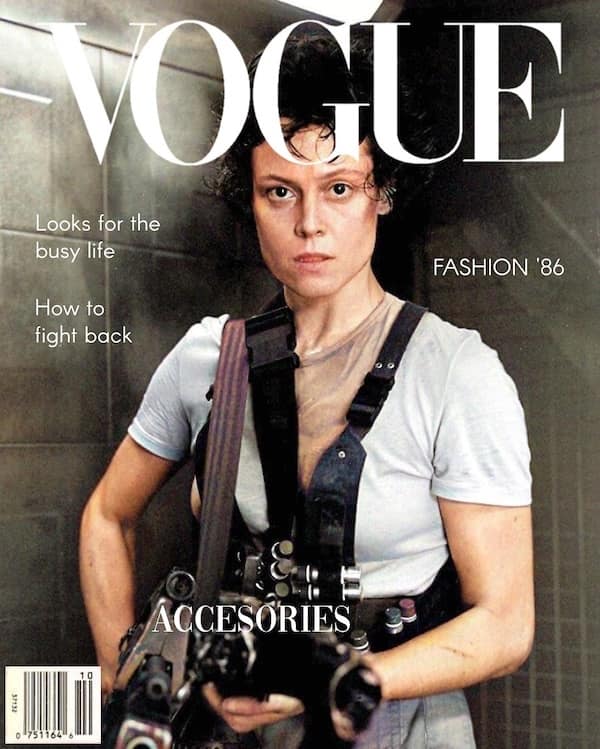 Fake Vogue cover featuring Ripley (Sigourney Weaver) from Alien, holding a big gun; headlines like “How to fight back.”