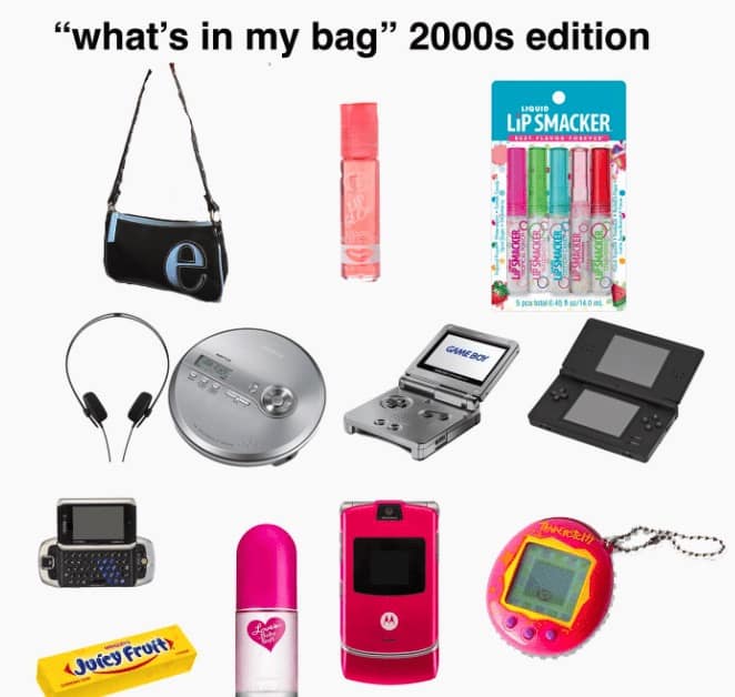 A "what's in my bag" meme showing classic 2000s accessories and technology.