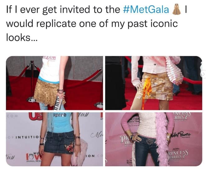 A meme about recreating iconic and chaotic Y2K red carpet fashion for the Met Gala.