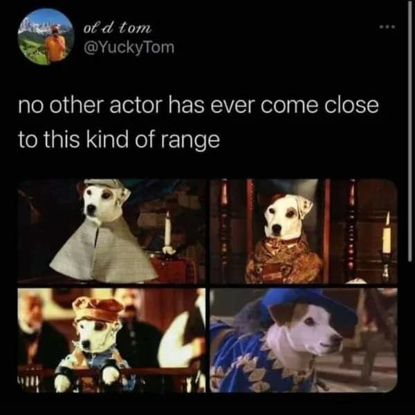A nostalgia meme praising the incredible acting range of Wishbone the dog from the 90s.