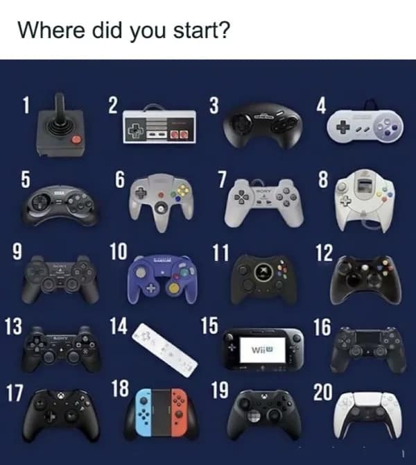 A nostalgia meme asking "Where did you start?" with a chart of video game controllers.