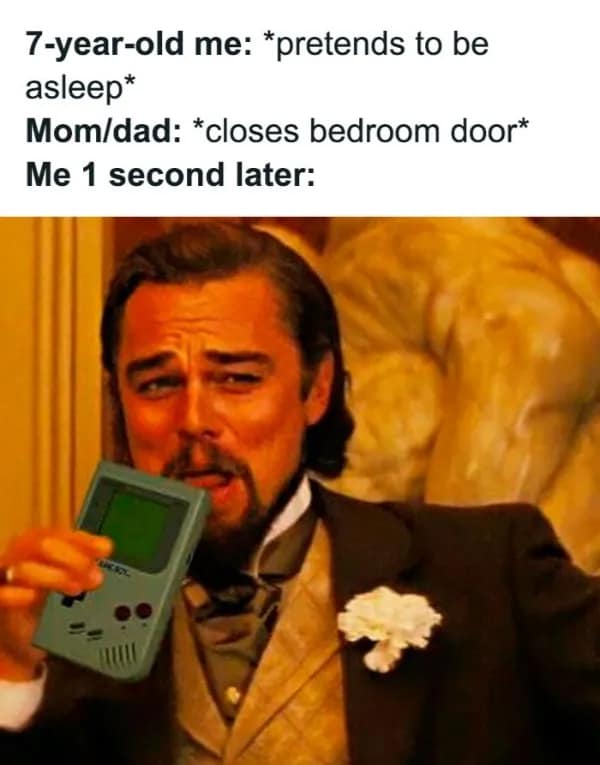 A nostalgia meme about pretending to be asleep to play Game Boy under the covers.