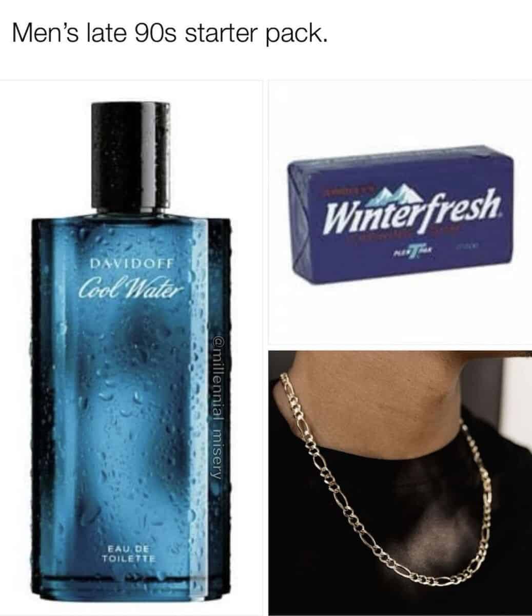 A nostalgic starter pack for men in the late 90s with iconic fashion items.