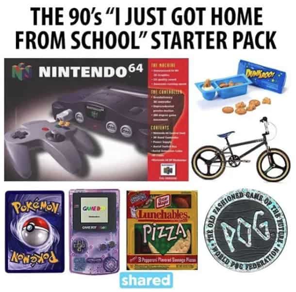 A 90s kid after-school nostalgic starter pack with snacks, games, and toys.