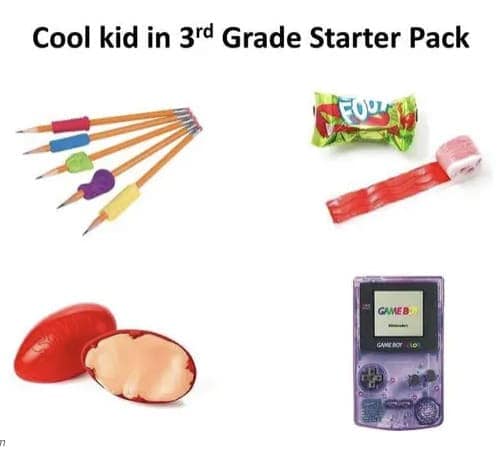 A nostalgic starter pack showing what the cool kid in 3rd grade always had with them.