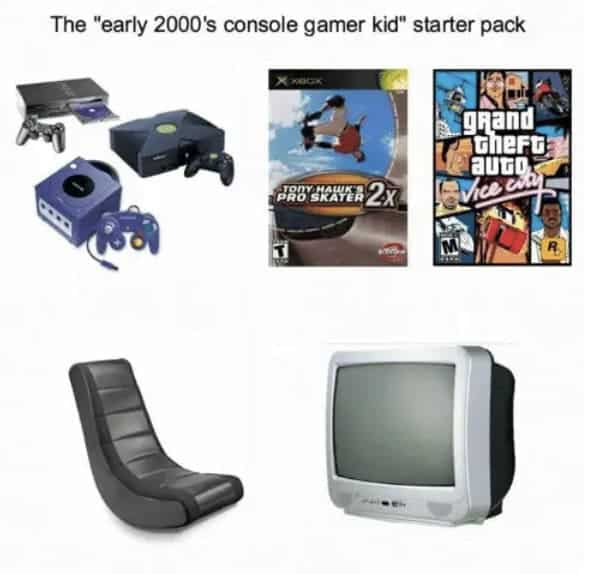 An early 2000s console gamer nostalgic starter pack with classic games and tech.