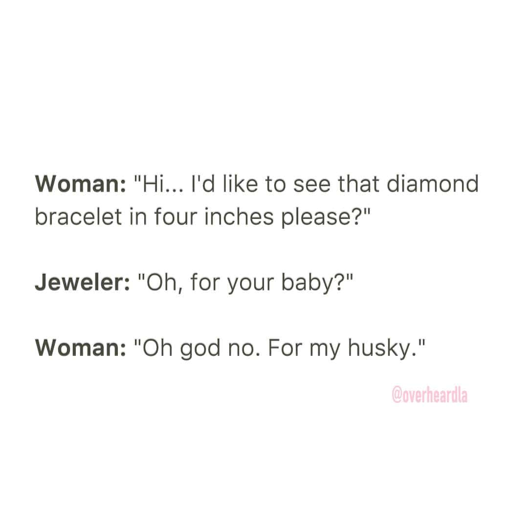 A funny conversation with a jeweler where a woman wants a diamond bracelet for her husky.