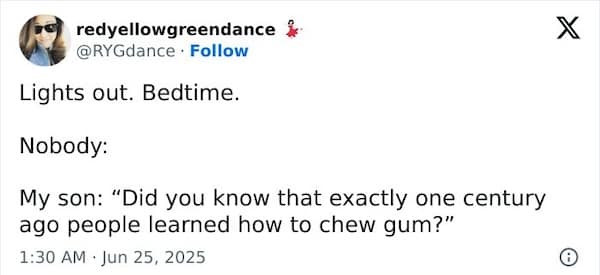 A funny parent tweet about a son asking random historical questions right at bedtime.