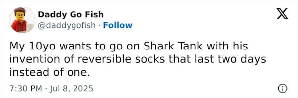 A funny parent tweet about a 10-year-old son's "Shark Tank" invention of reversible socks.