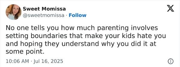 A real and honest parent tweet about setting boundaries and kids not understanding why.