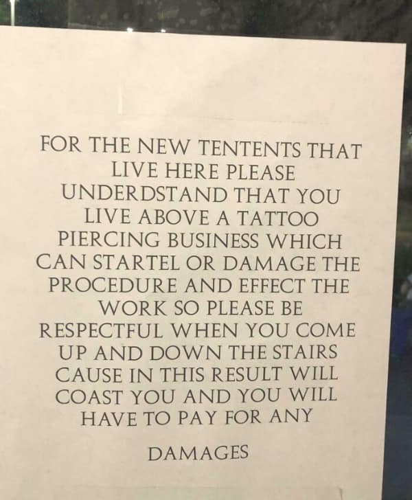 A passive aggressive neighbour note from a tattoo shop to new tenants about being quiet.