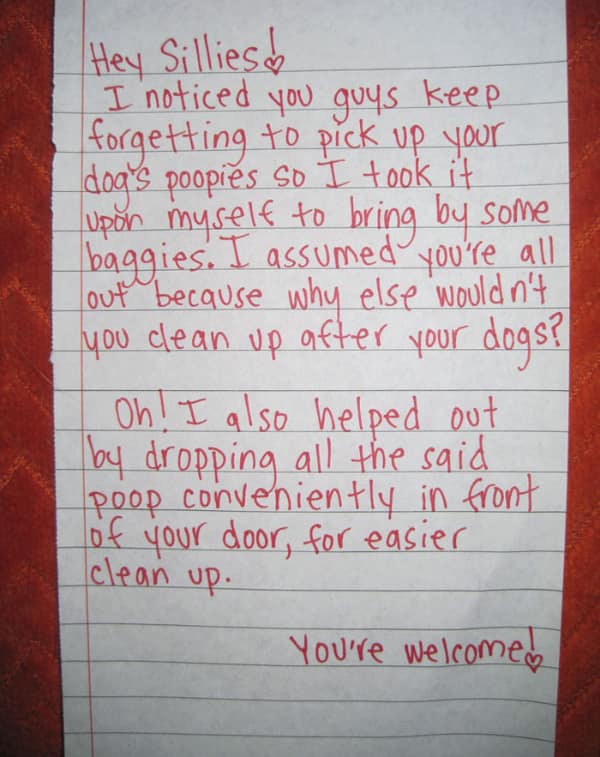 A passive aggressive neighbour note about returning un-scooped dog poop to the owner's door.