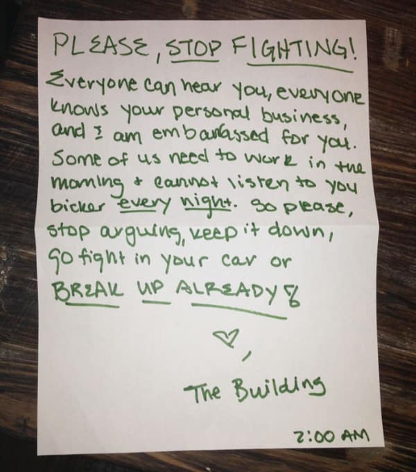 A passive aggressive neighbour note begging a loud couple to please stop fighting.