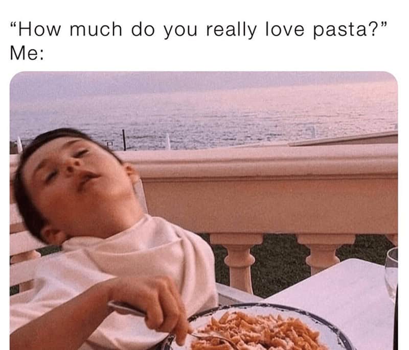 A funny pasta meme showing a boy in a state of pure bliss while eating a plate of pasta.