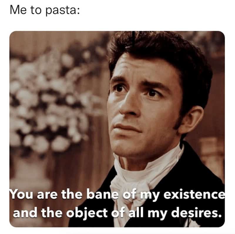A funny pasta meme using a famous quote from the show "Bridgerton" to describe a love for pasta.