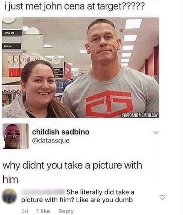 A double-whoosh meme where people missed the joke about not being able to see John Cena.