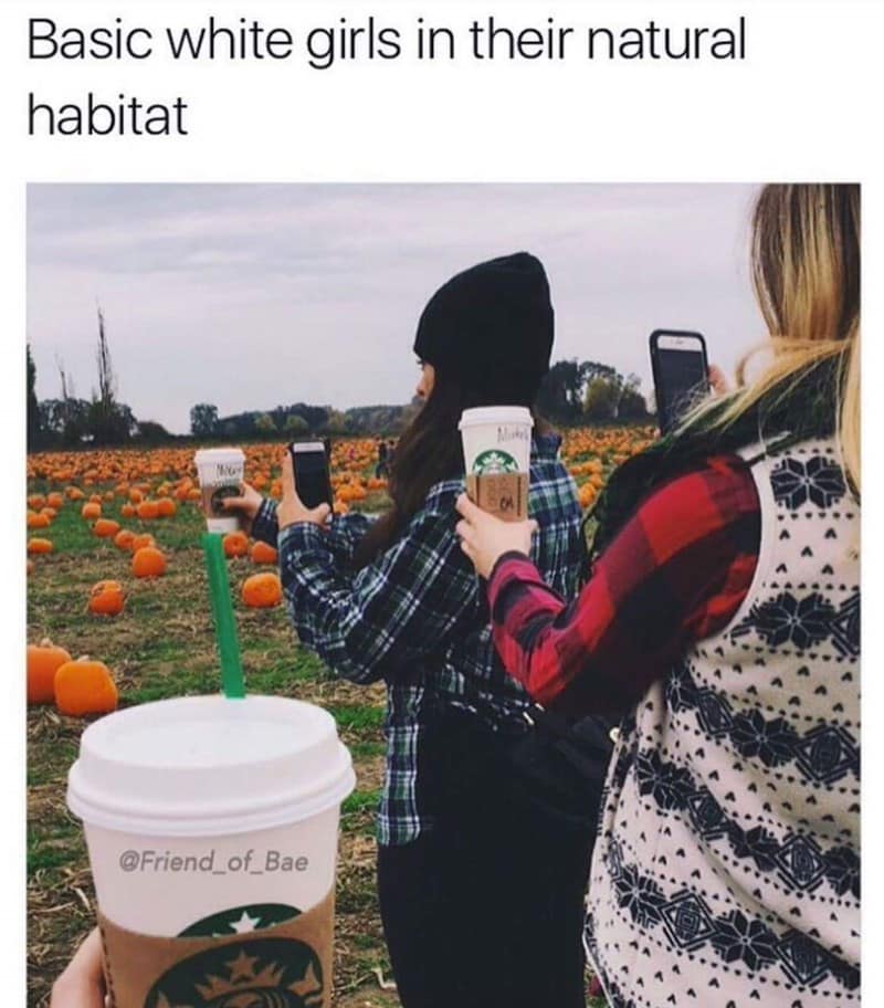 Friends in a pumpkin patch hold Starbucks cups for photos; caption jokes about the “basic” fall aesthetic.