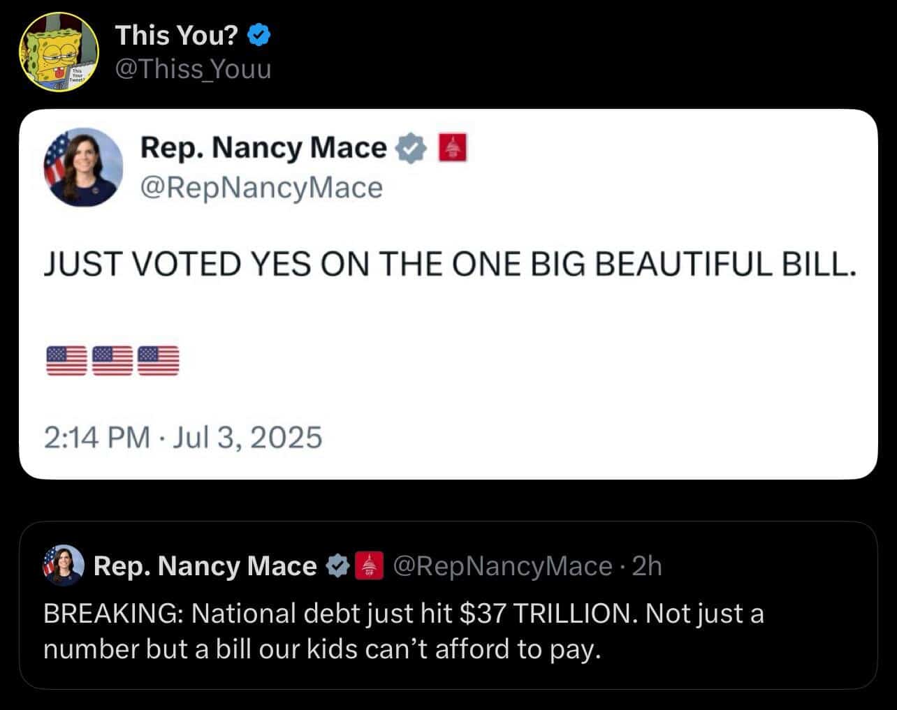 A politician's contradictory tweets, one celebrating a bill and another complaining about the national debt.